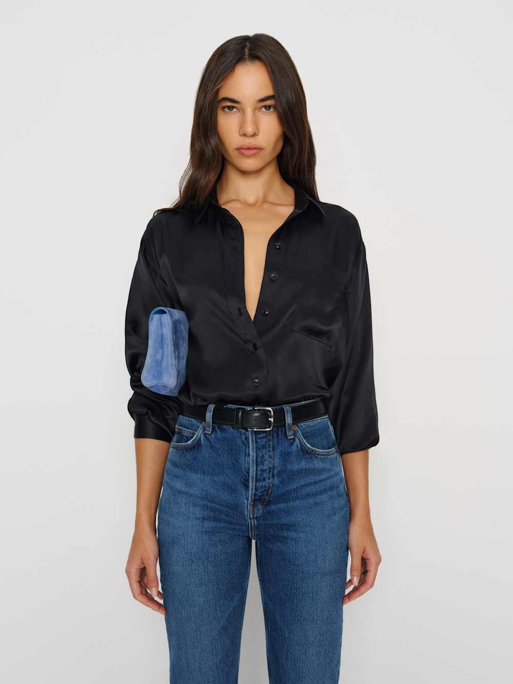 Reformation Eli Oversized Silk Shirt in Black (L)